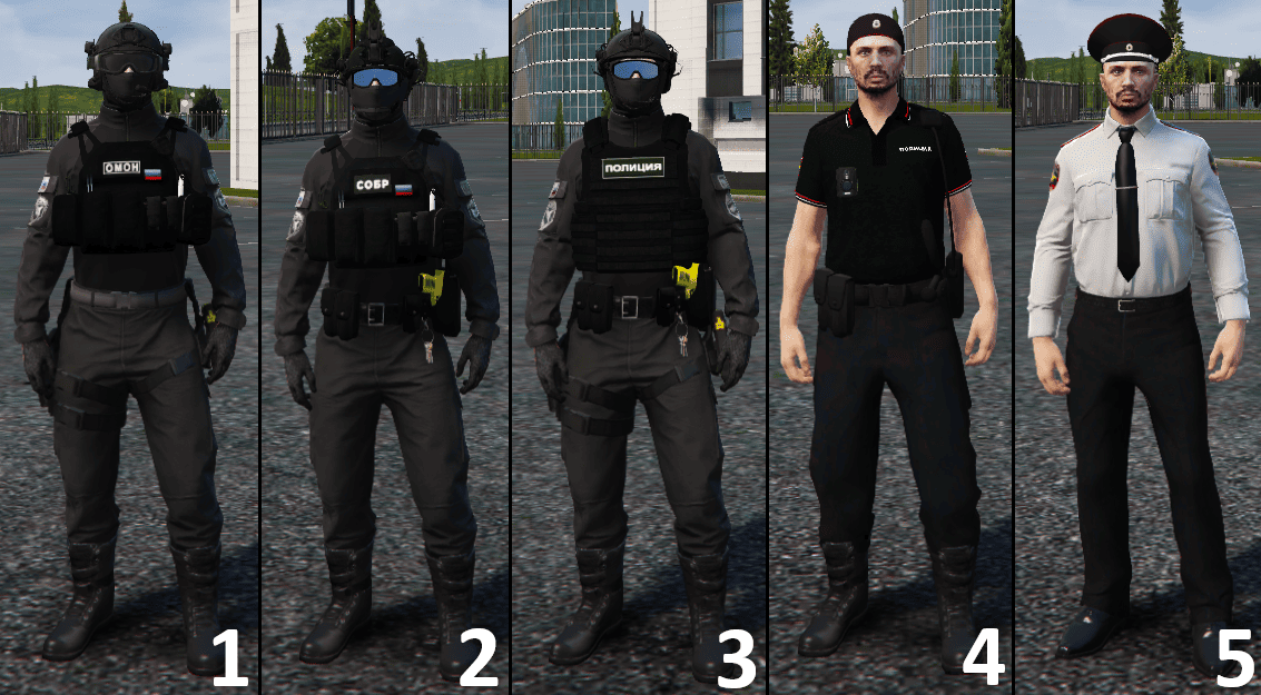 1. ОМОН; 2. СОБР; 3. Боевая; 4. Повседневная; 5. Рядовой - Полковник.